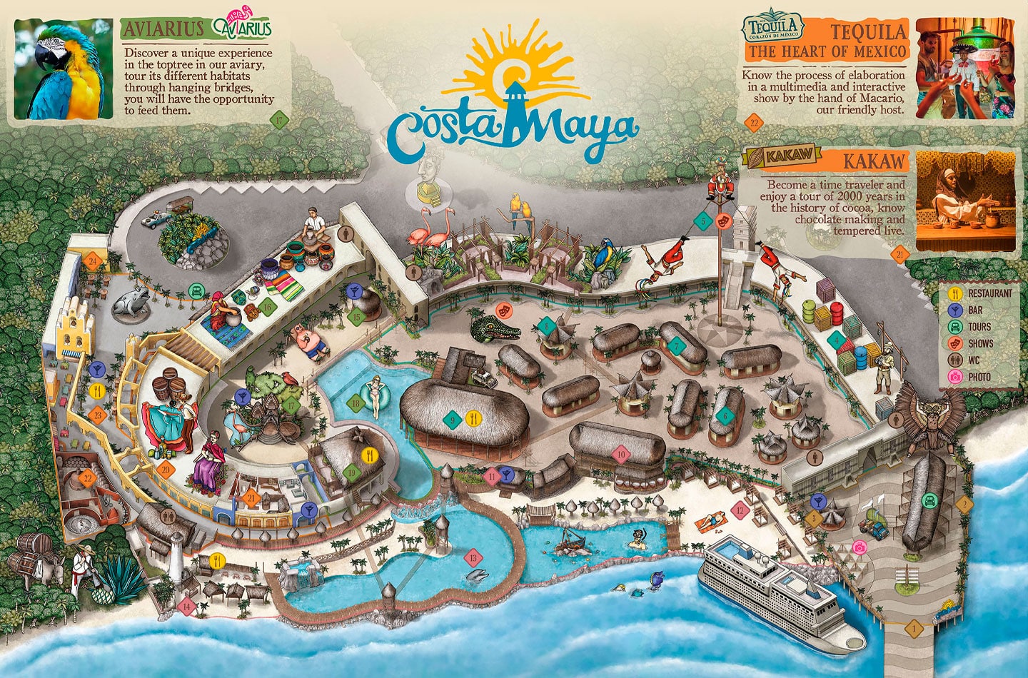 map of costa maya cruise port showing shops, main pool and excursion points
