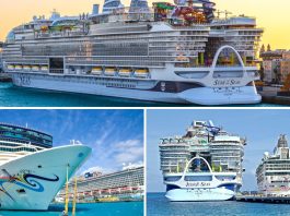 Multiple cruise ships in grid showing Star of the Seas, Icon of the Seas and Norwegian Epic