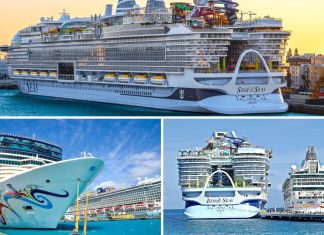Multiple cruise ships in grid showing Star of the Seas, Icon of the Seas and Norwegian Epic