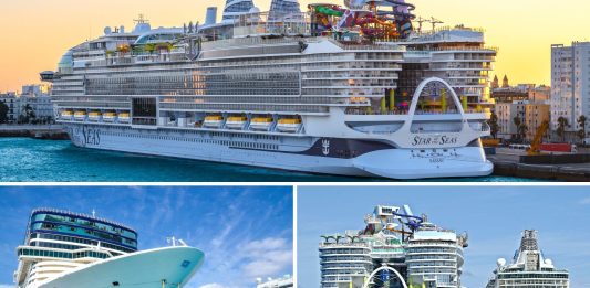 Multiple cruise ships in grid showing Star of the Seas, Icon of the Seas and Norwegian Epic