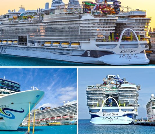 Multiple cruise ships in grid showing Star of the Seas, Icon of the Seas and Norwegian Epic