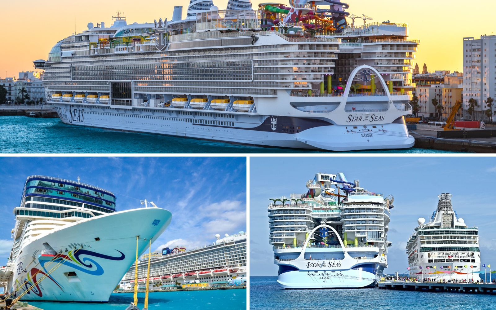 Multiple cruise ships in grid showing Star of the Seas, Icon of the Seas and Norwegian Epic