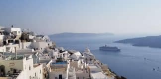 Cruise ship off coast of Greek city of Santorini
