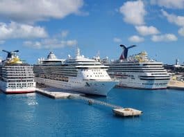 Carnival and Royal Caribbean cruise ships in port in Nassau, Bahamas