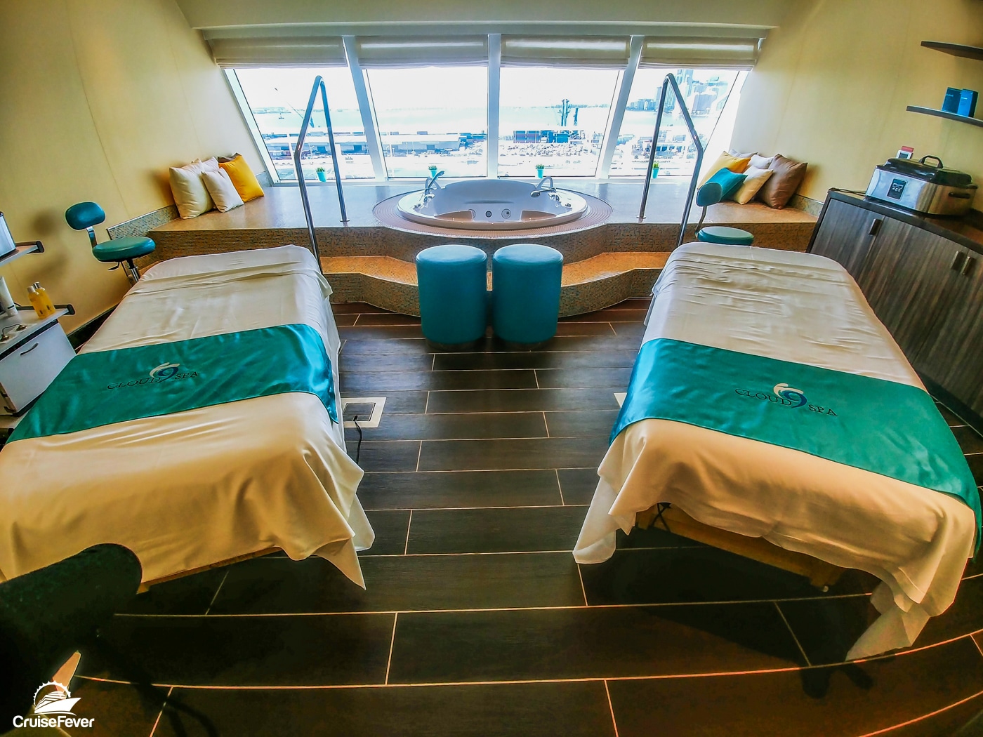 two massage tables in the spa of a cruise ship