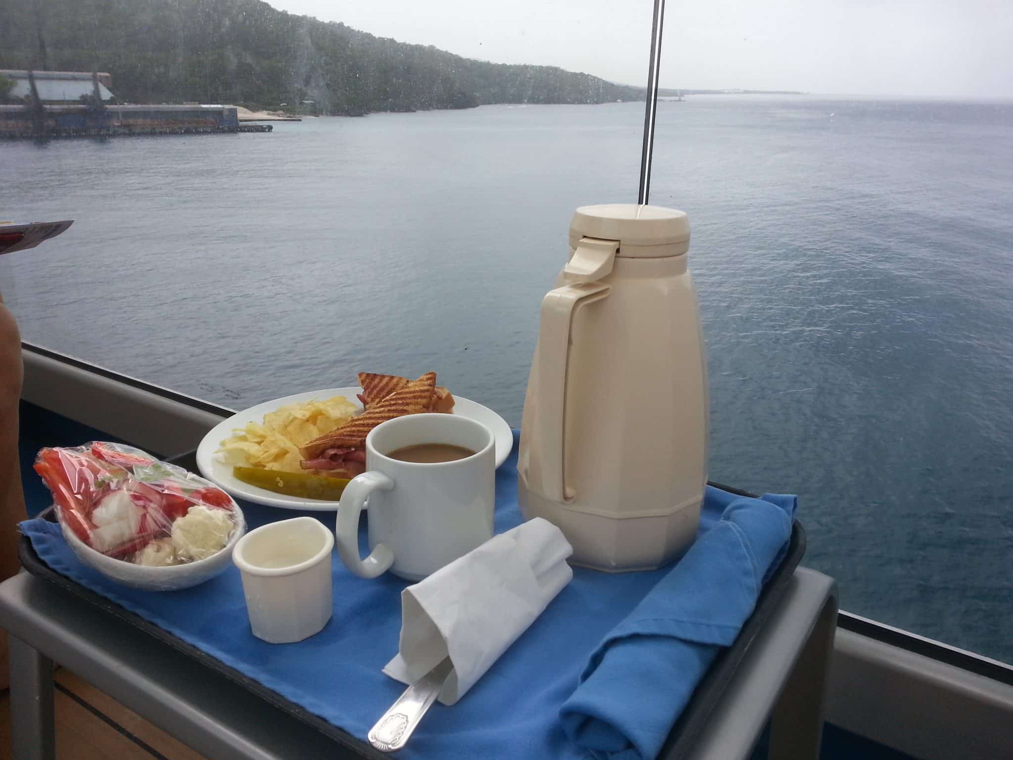 room service food on a tray on cruise ship balcony