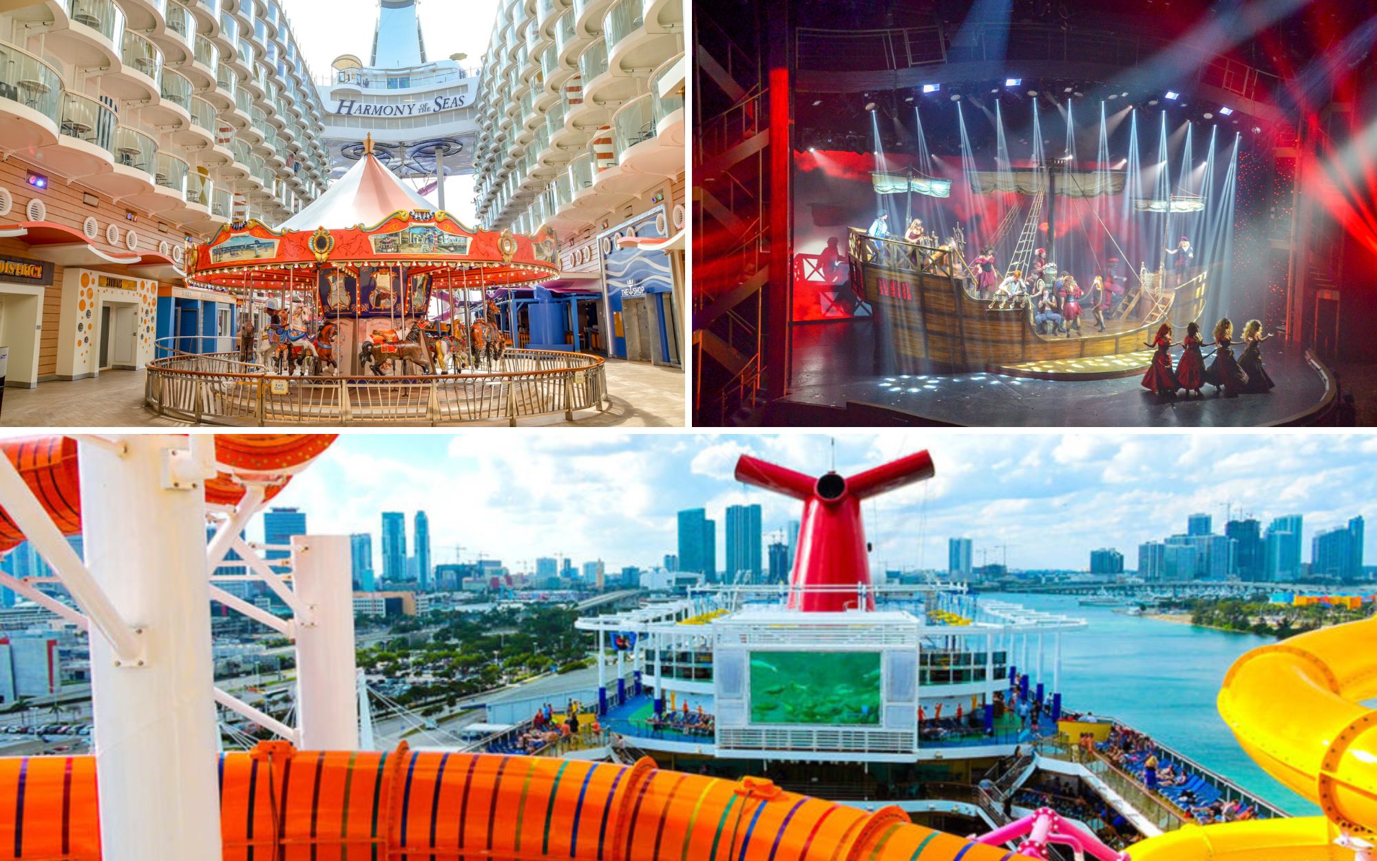 Carousel on Harmony of the seas, theater, and pool deck with waterslides on Carnival Horizon