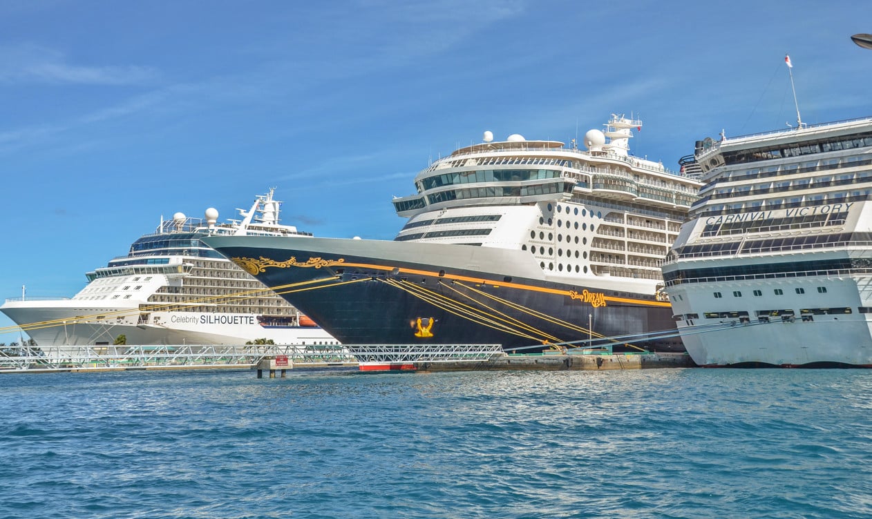 Cruise ships in port in Nassau: Disney, Celebrity, and Carnival