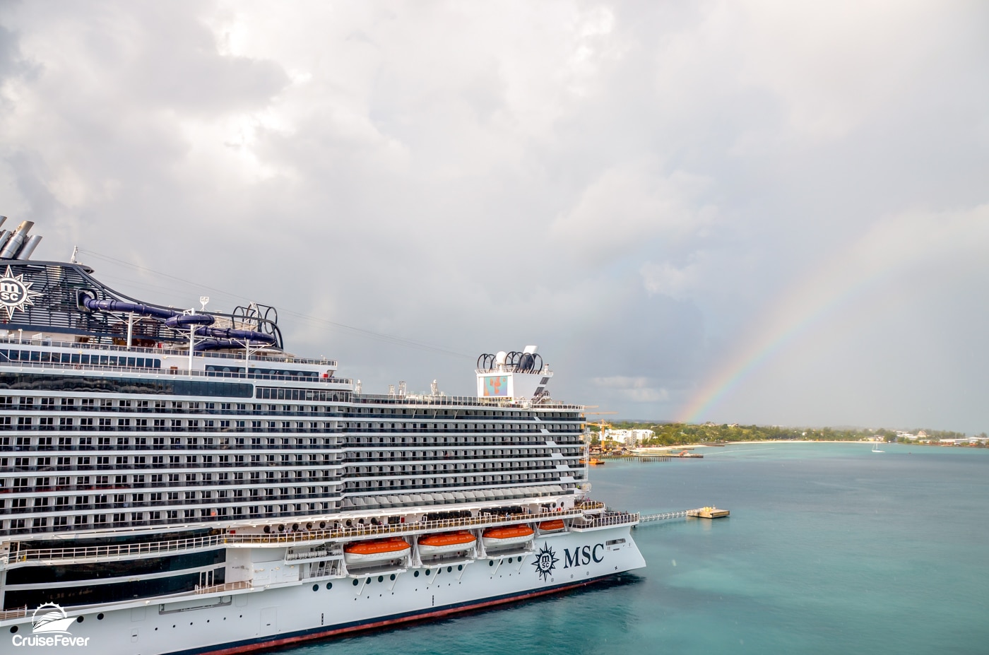 rainbow in nassau with MSC cruise ship in port