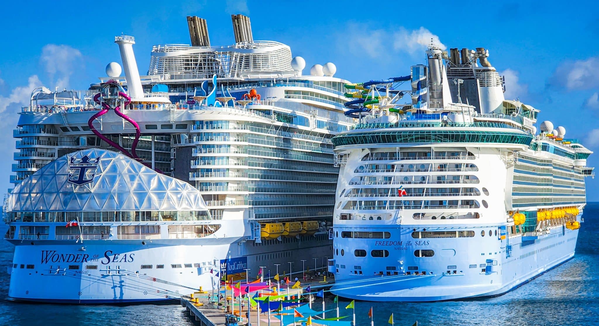 Royal Caribbean cruise ships docked at CocoCay: Wonder of the Seas and Freedom of the Seas