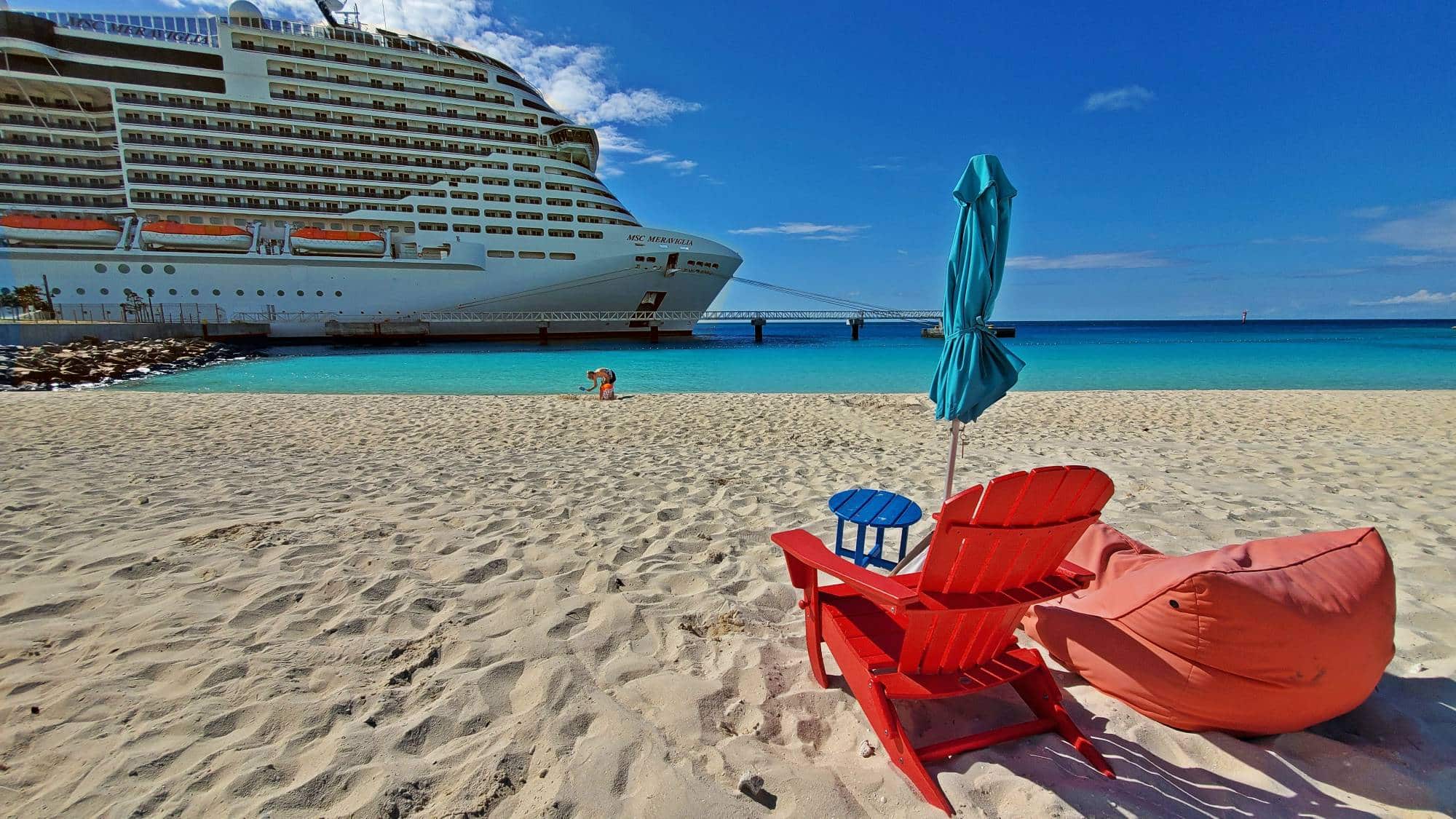 MSC Meraviglia at Ocean Cay with chair on beach