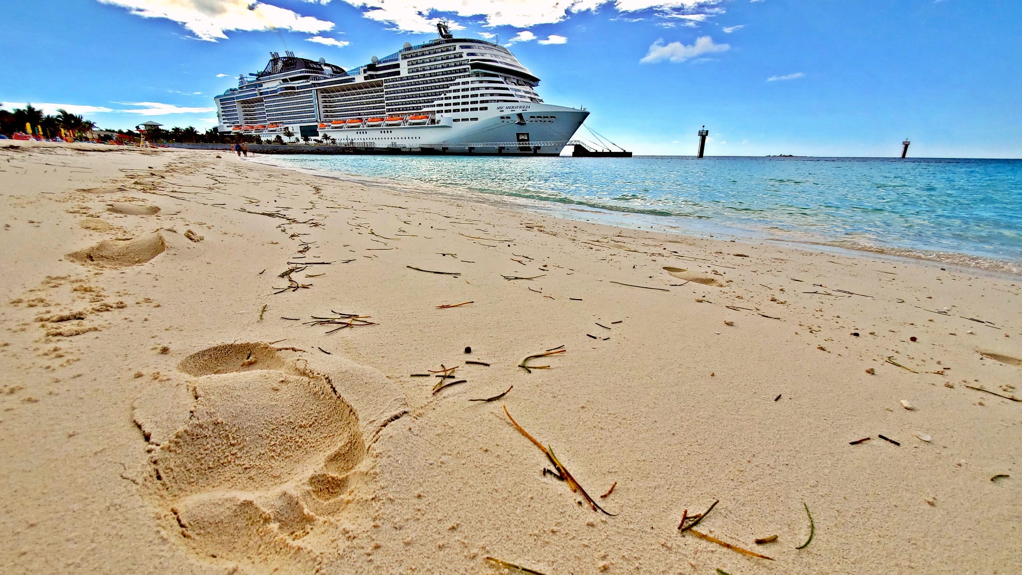 MSC Meraviglia at Ocean Cay private island with footprint in the sand at beach