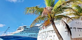 carnival sunshine and grandeur in port at Nassau with palm tree