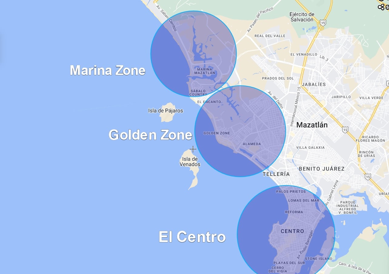 a map of Mazatlan showing the 3 different zones of the city