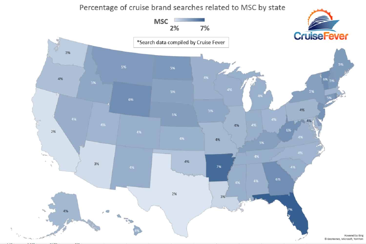 Map of online searches for MSC cruise brand by state