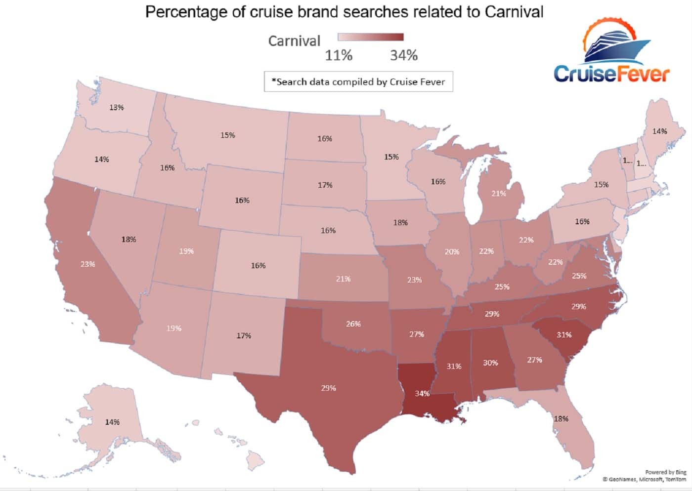US map showing what states search for Carnival cruise line more or less than average