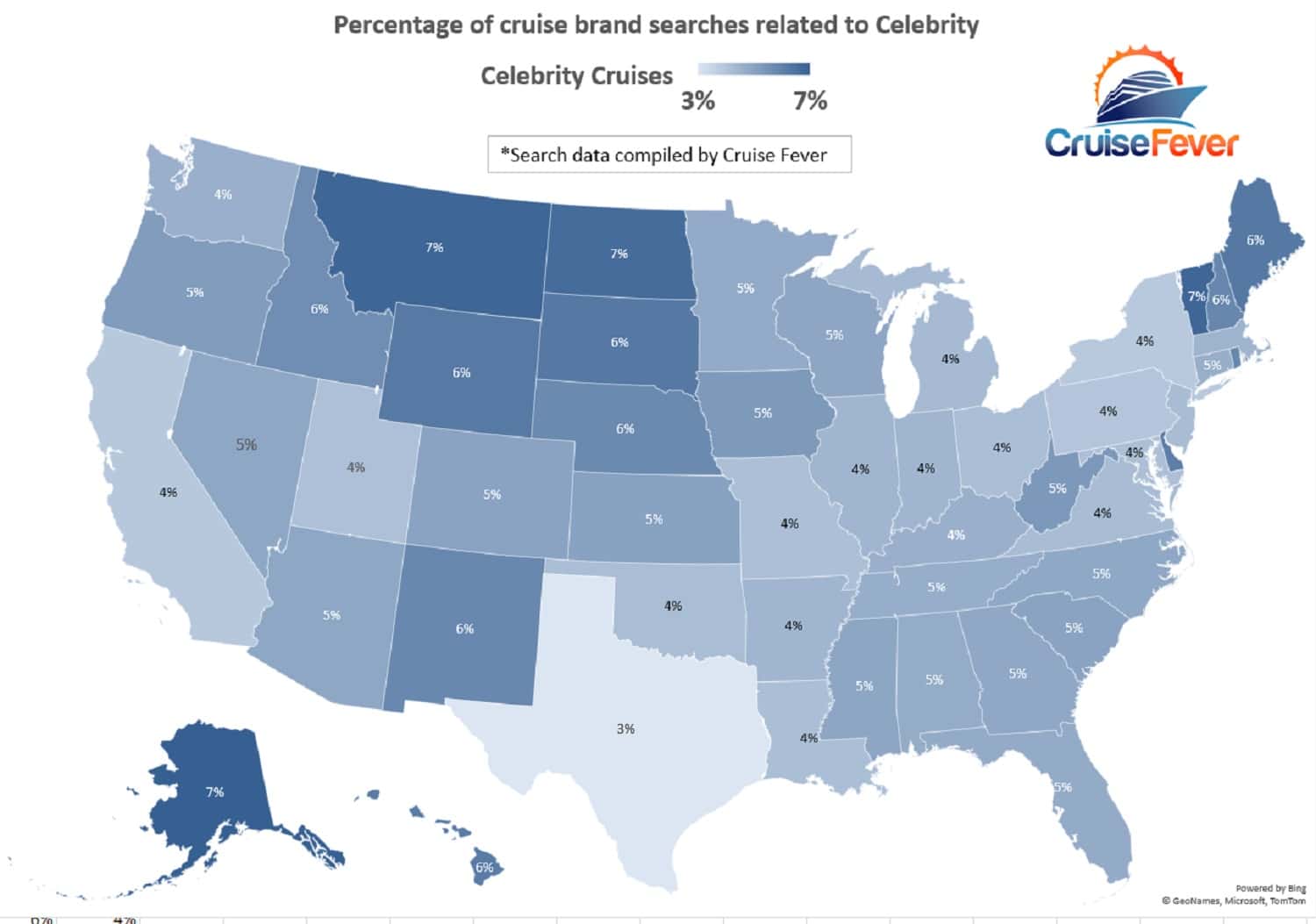 US map showing where searches are being made for Celebrity cruises