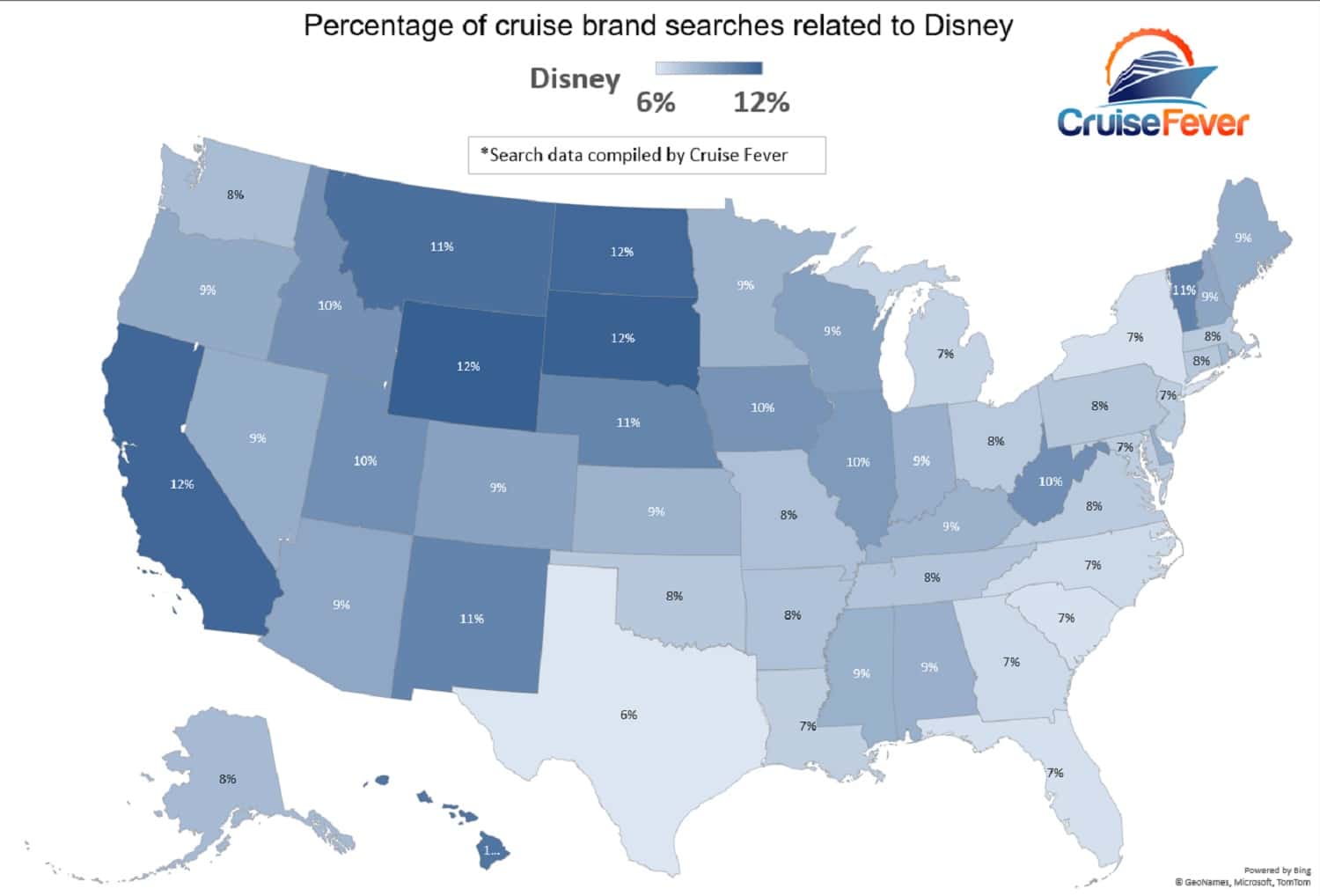 Map showing Disney online searches on US Map by percentage