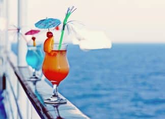 Drinks on the railing of a cruise ship