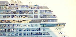Norwegian cruise ship showing balcony cabins and passengers