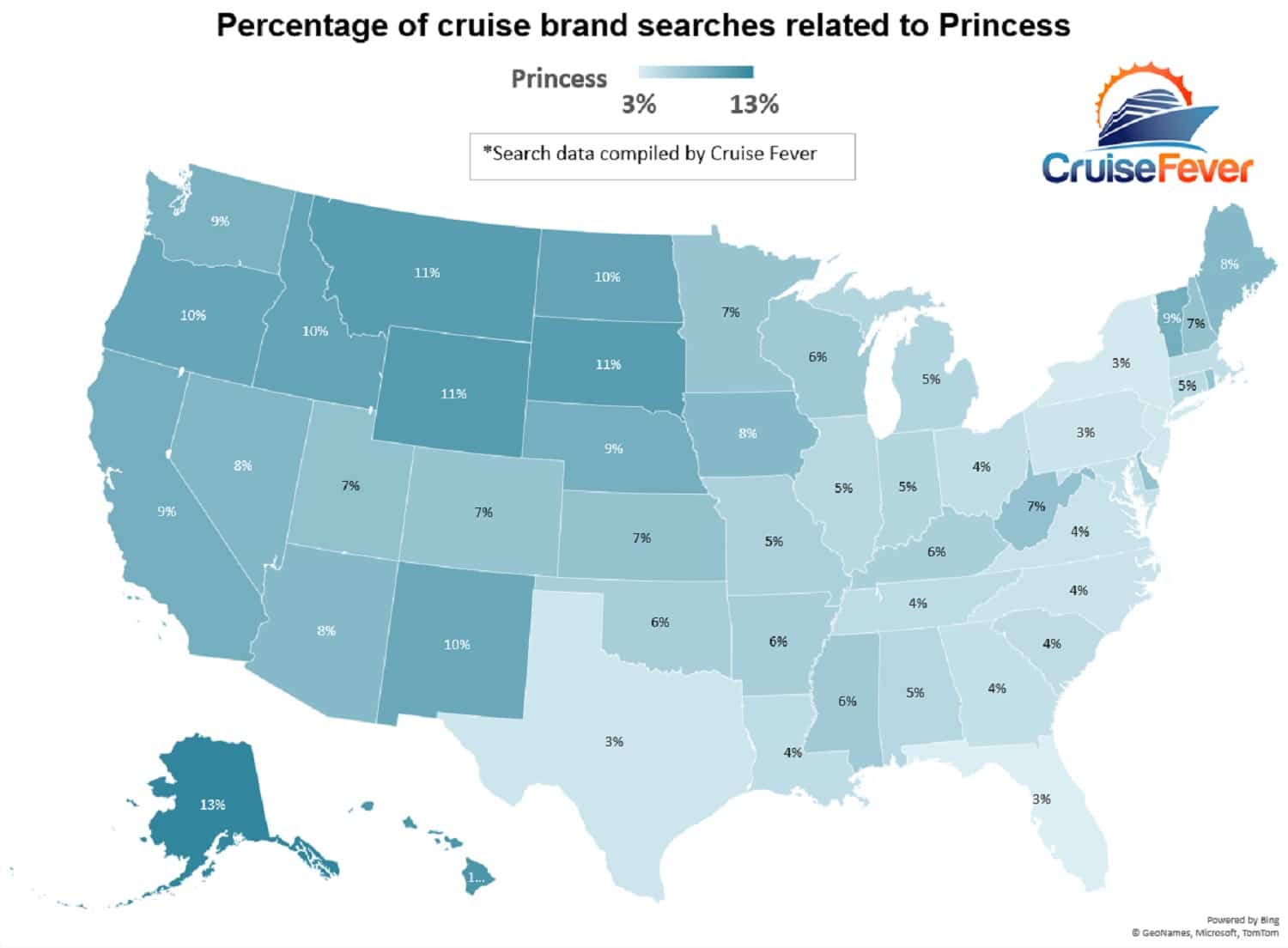 Princess cruise searches shown by percentage on US map