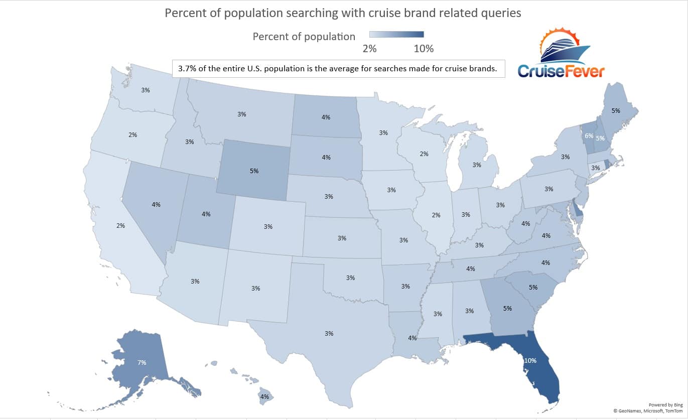 Map showing how many searches for cruise brands are made in each state