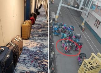 Luggage in a cruise ships hallway before debarkation day.