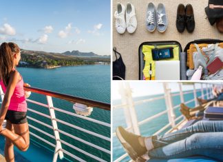 Woman on cruise ship in fitness shoes and suitcase with shoes packed for a cruise