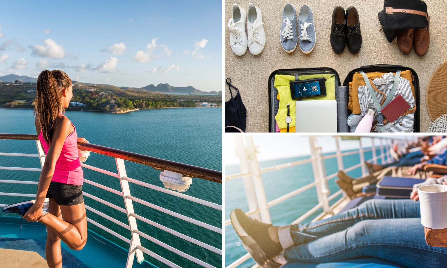 Woman on cruise ship in fitness shoes and suitcase with shoes packed for a cruise