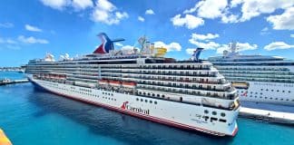 Carnival Legend in cruise port in Nassau on sunny day