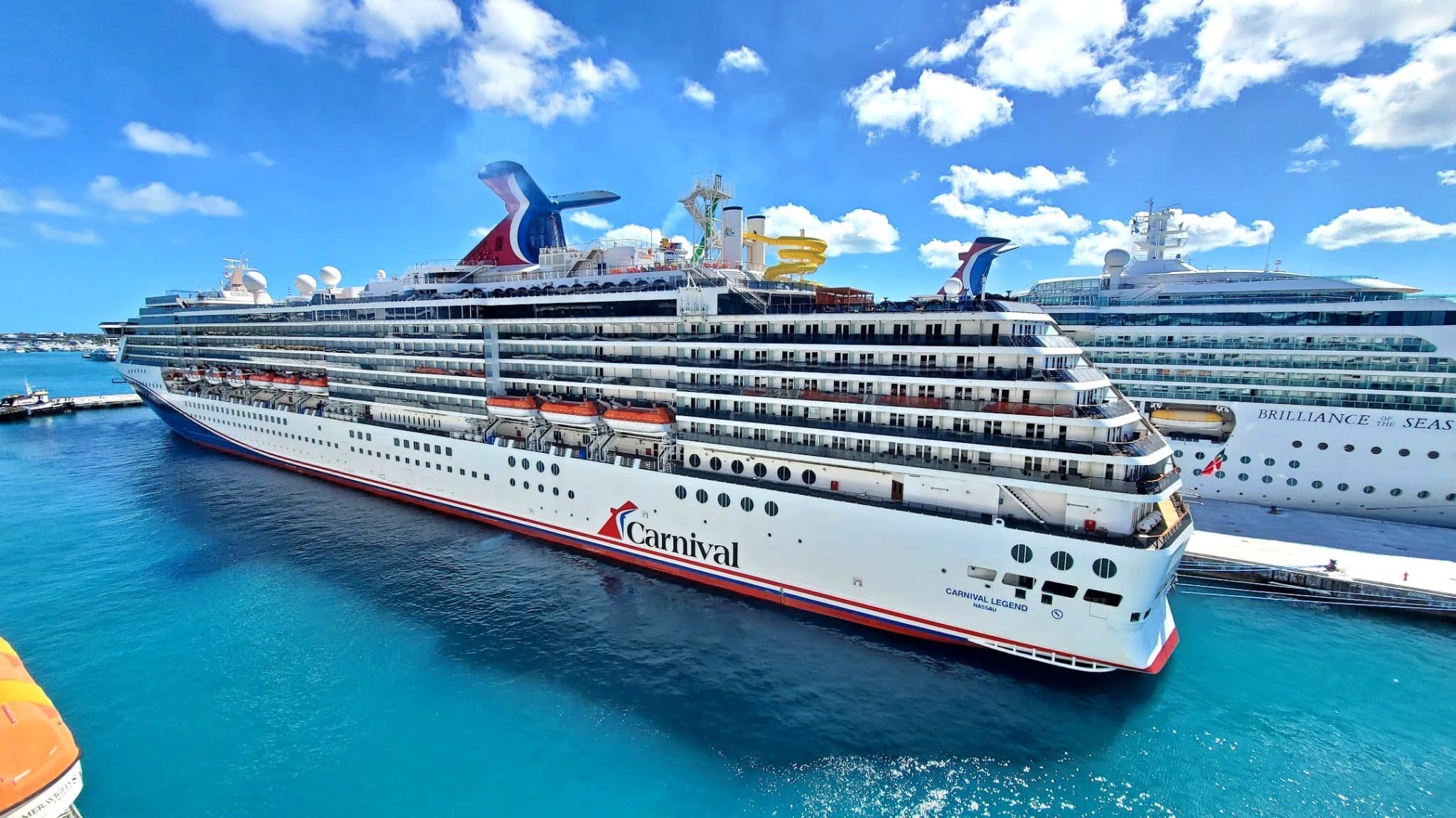 Carnival Legend in cruise port in Nassau on sunny day