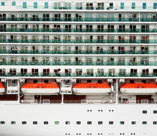 Side of cruise ship showing balconies