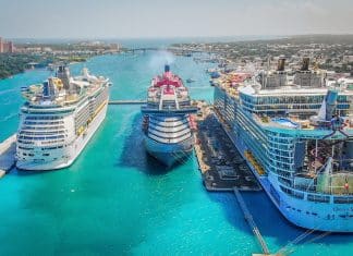 Oasis of the Seas, Virgin Voyages, and Mariner of the Seas in port at Nassau, Bahamas