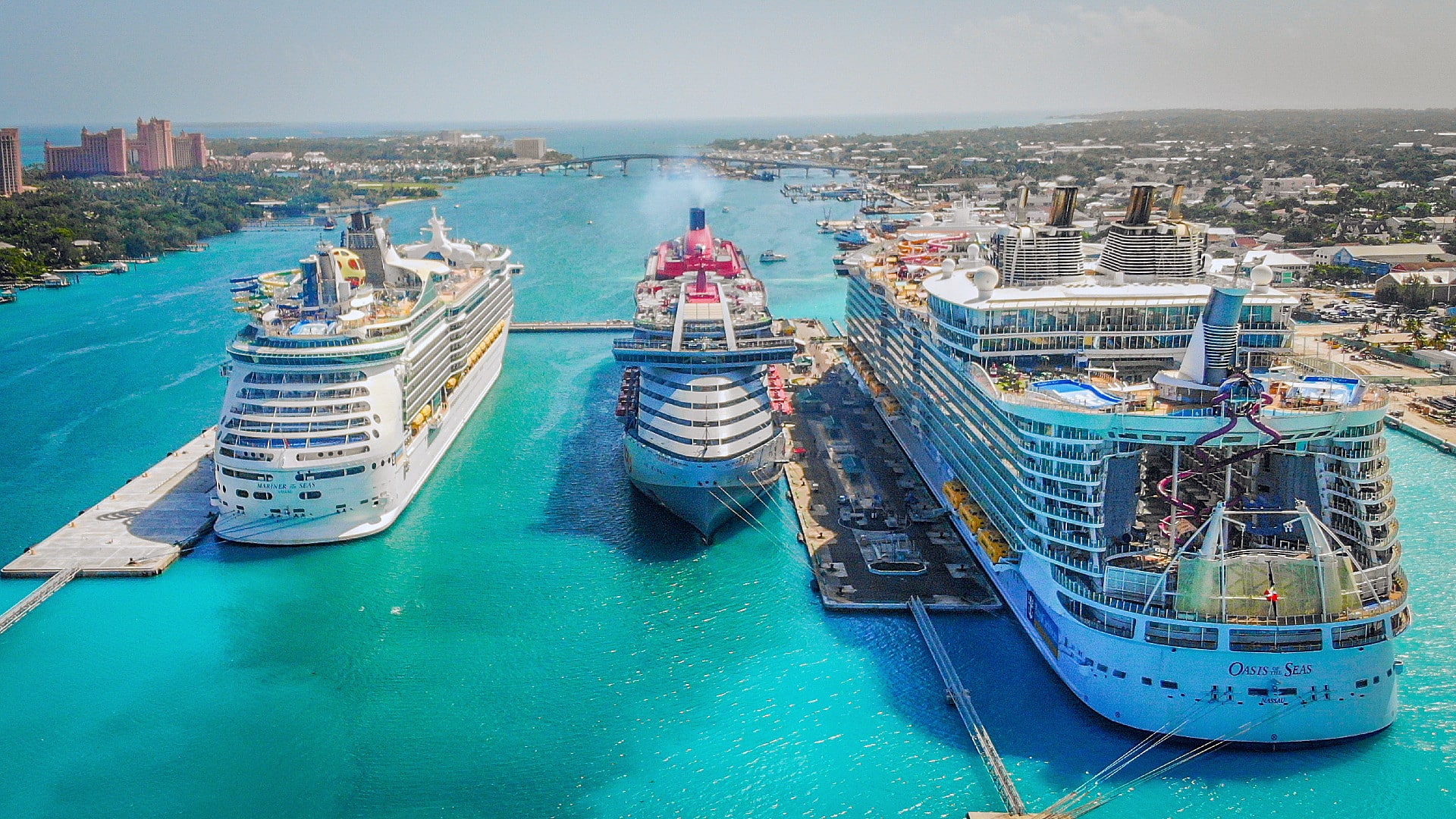 Oasis of the Seas, Virgin Cruises, and Mariner of the Seas dock in Nassau, Bahamas
