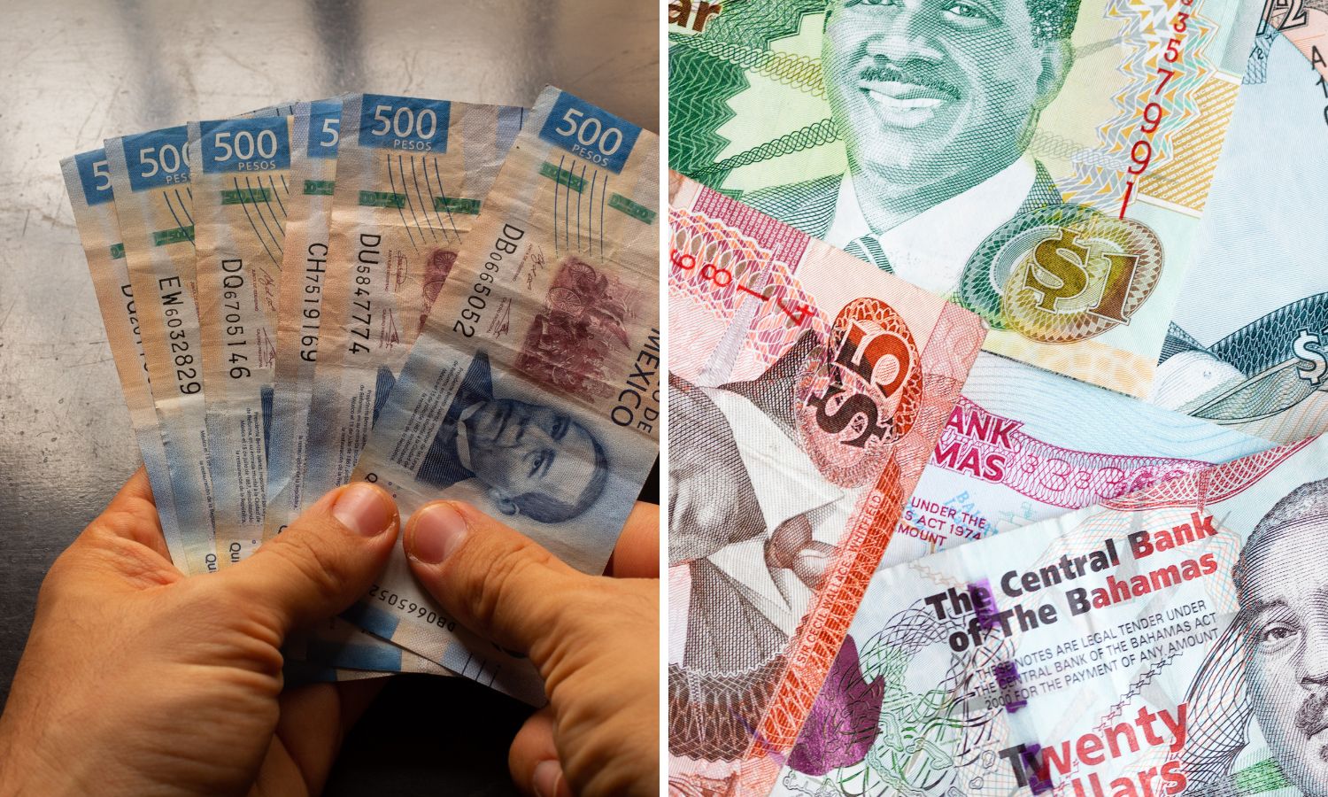 Mexican pesos and Bahamian dollar bills