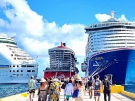 Three cruise ships in costa maya including Carnival, Virgin Voyages and Royal Caribbean