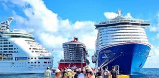 Three cruise ships in costa maya including Carnival, Virgin Voyages and Royal Caribbean