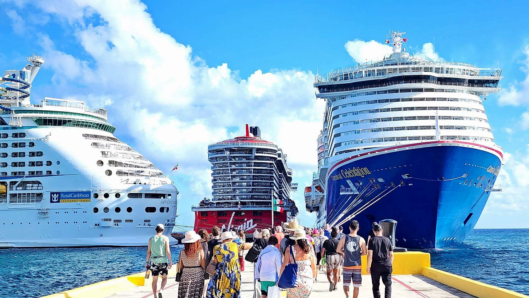 Three cruise ships in costa maya including Carnival, Virgin Voyages and Royal Caribbean