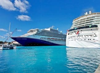 Carnival and Royal Caribbean cruise ships in port at Nassau, Bahamas