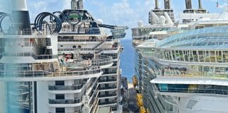 Two cruise ships, MSC Seaside and Allure of the Seas in cruise port