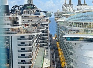 Two cruise ships, MSC Seaside and Allure of the Seas in cruise port