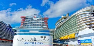 Mardi Gra from Carnival and Royal Caribbean Oasis-class ship in port