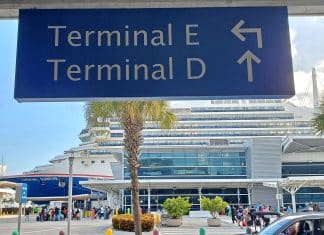 Terminal E and D on a sign in PortMiami in the parking garage