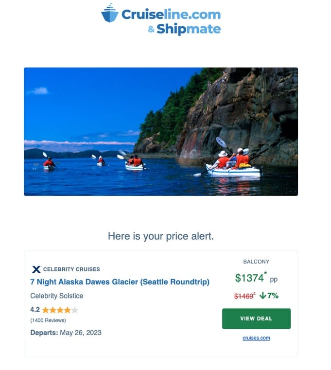 cruiseline price alert email example