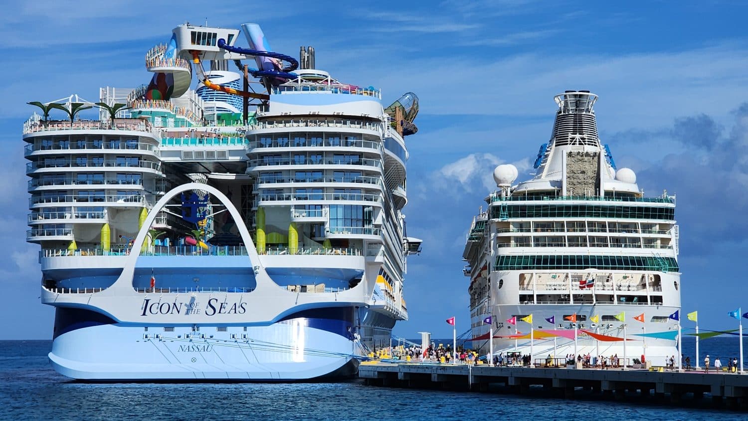 Royal Caribbean's Icon of the Seas (Left) is the largest cruise ship ever built and will sail its inaugural cruise this weekend.