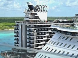 Two cruise ships in port in the Caribbean