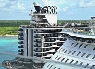Two cruise ships in port in the Caribbean