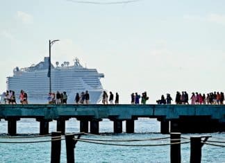 Image of cruise passengers walking along pier while MSC cruise ship comes in.