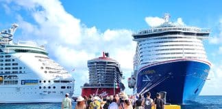 Cruise ships from Royal Caribbean, Virgin, and Carnival Cruise Line in port in Mexico