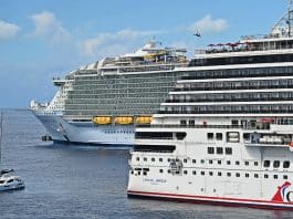 A Royal Caribbean and Carnival cruise ship in Cozumel port